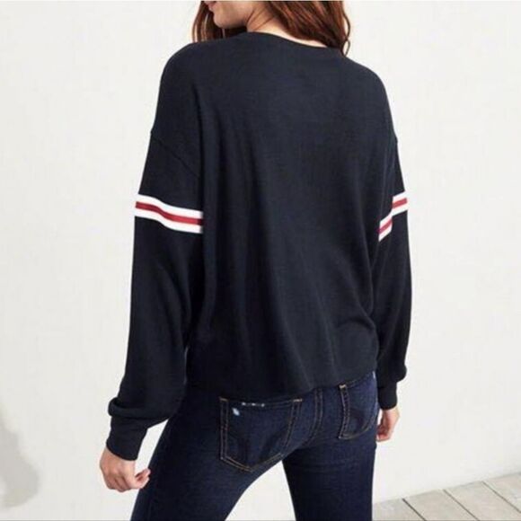 Hollister Navy Waffle-knit Long Sleeve Boyfriend Crop Crew with Varsity Stripes - Picture 3 of 16